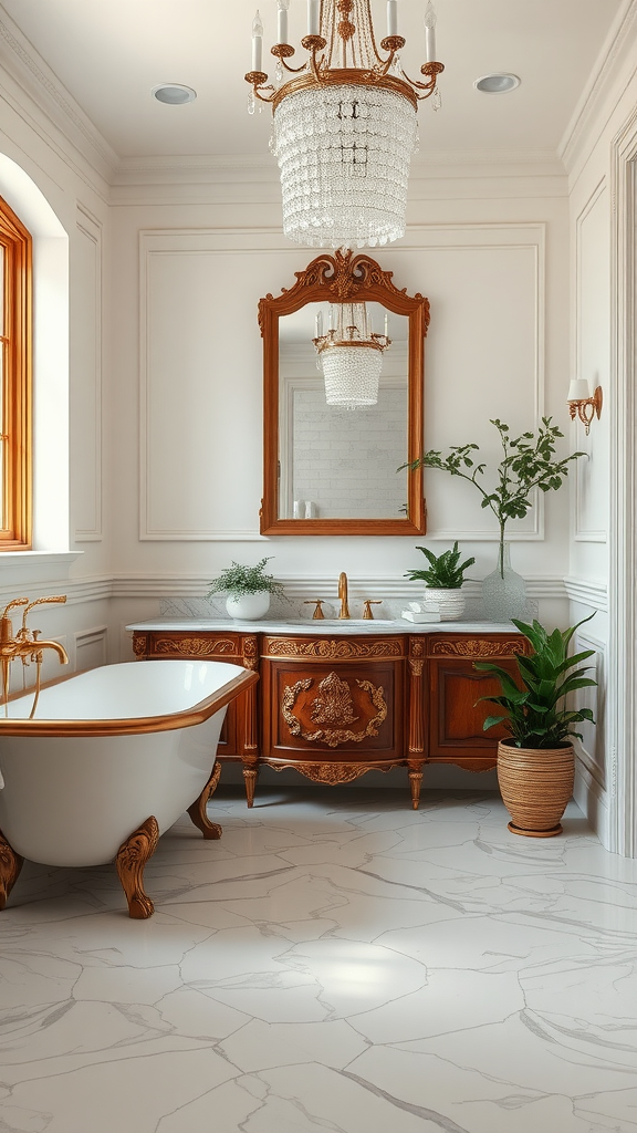 Elegant French country bathroom featuring a freestanding tub, wooden vanity with marble countertop, and a crystal chandelier.