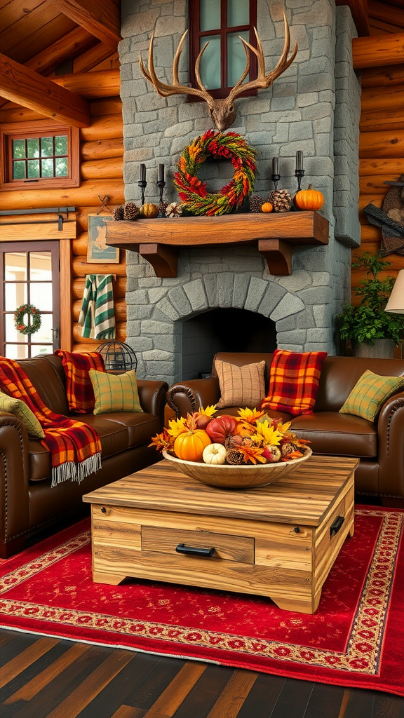 Cozy fall lodge living room with leather sofas, a rustic coffee table, and a stone fireplace decorated for autumn.