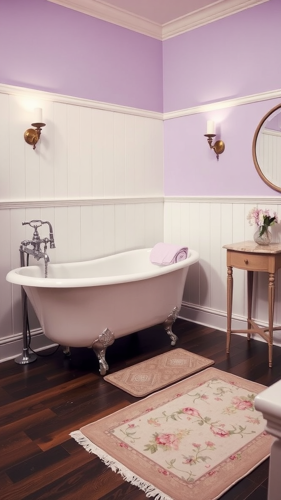 A Victorian-style bathroom featuring lavender walls, white wainscoting, a freestanding bathtub, and floral rugs.