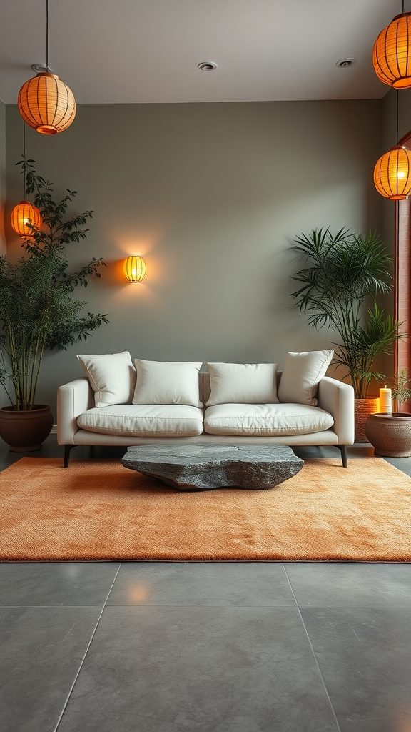 A cozy living room with a white sofa, stone coffee table, orange rug, and warm lantern lighting, surrounded by plants.