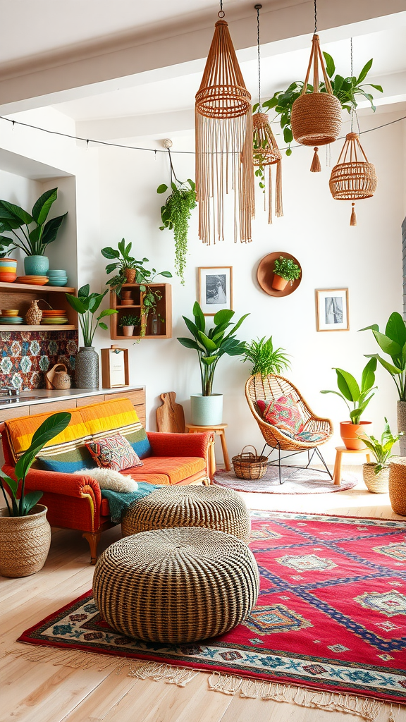 A cozy and vibrant boho chic living room and kitchen combo featuring an orange sofa, woven poufs, and plenty of plants.