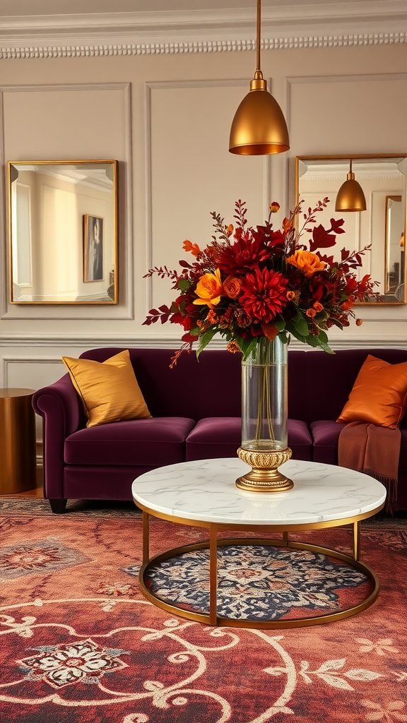 A cozy autumn-themed living room featuring a purple couch, floral centerpiece, and warm lighting.