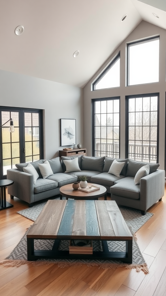 A modern farmhouse living room featuring a gray sectional, large windows, and a rustic coffee table.