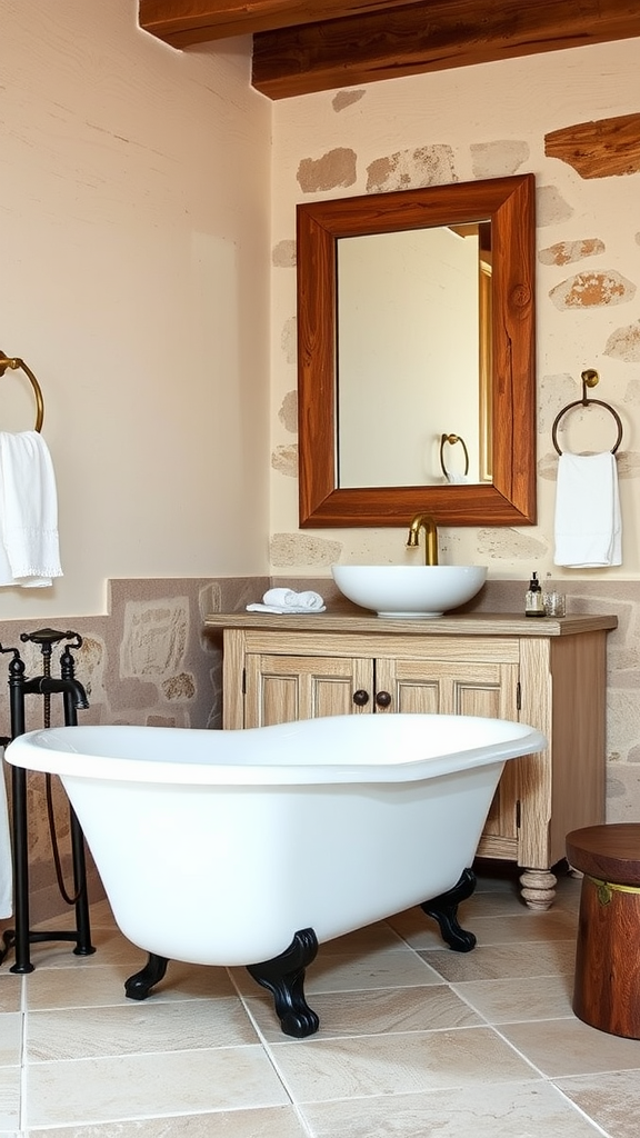 A French country bathroom featuring rustic stone walls, a white freestanding bathtub, and wooden accents.