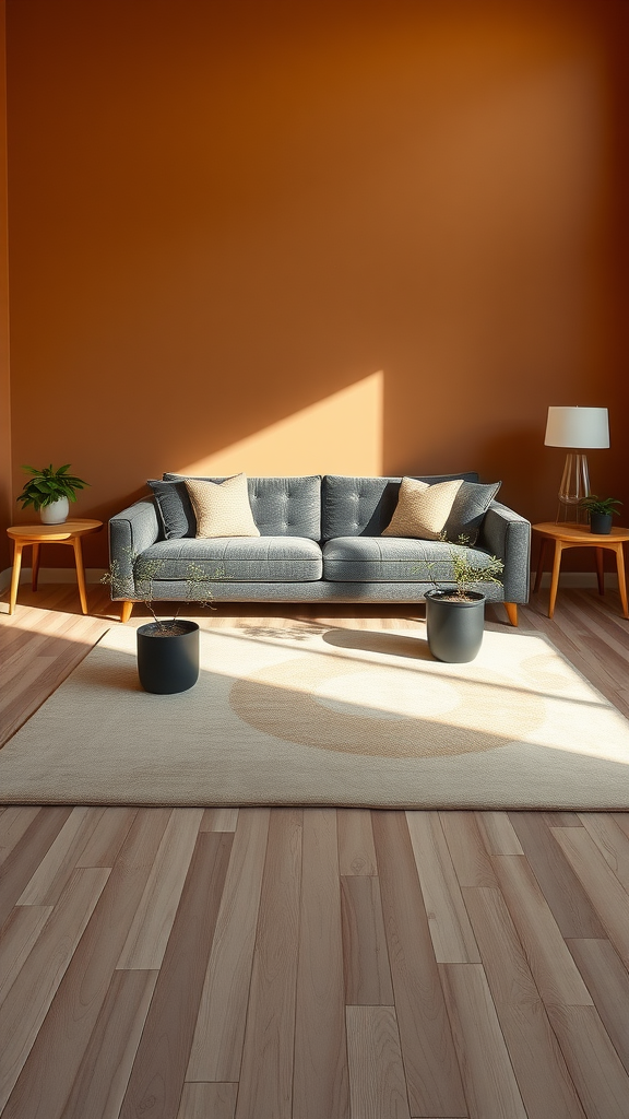 Cozy living room with a terracotta wall, gray sofa, and wooden flooring