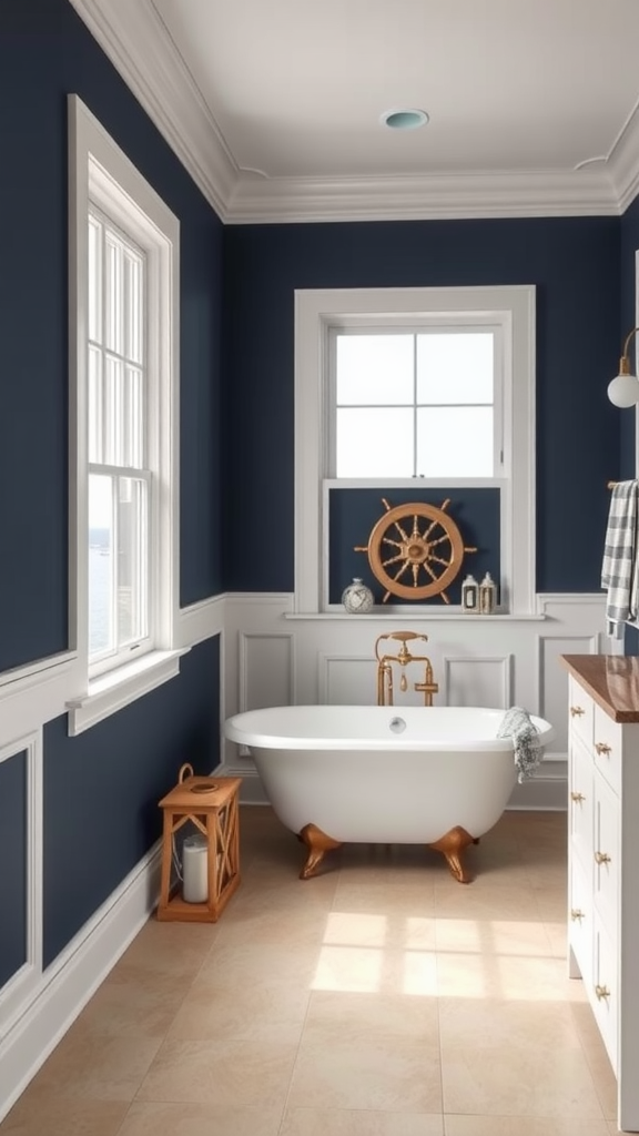 A stylish coastal bathroom featuring navy walls, a white freestanding bathtub, a vintage ship's wheel decor, and warm wood accents.