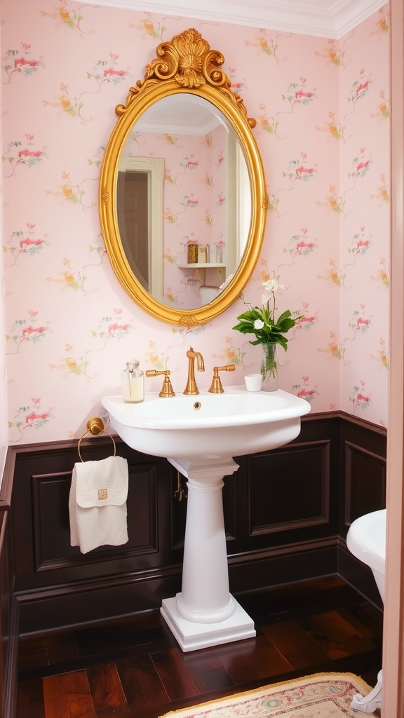 A vintage Victorian bathroom featuring a curved pedestal sink, ornate golden mirror, and floral wallpaper.