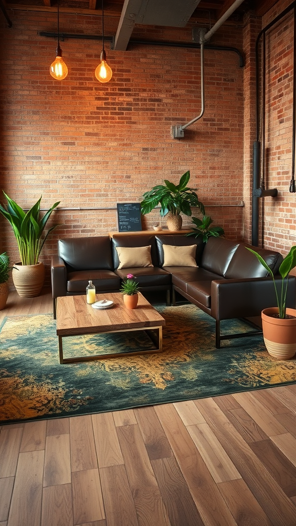 A cozy industrial loft living room with a brown leather sofa, wooden table, plants, and a warm brick wall.