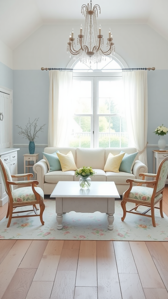 Light and airy countryside living room with a cozy sofa, rocking chairs, and a chandelier