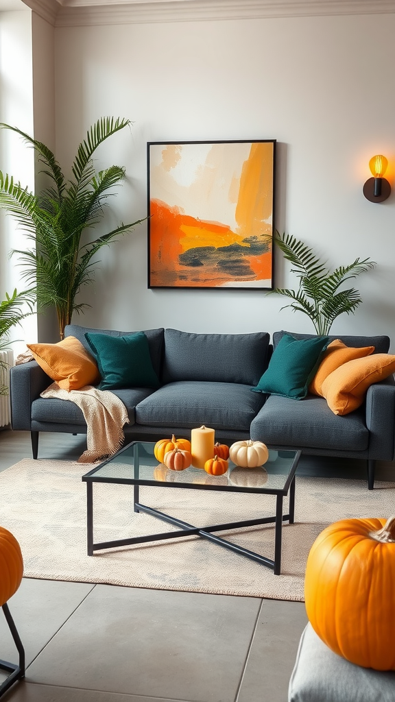 Modern urban living room decorated for fall with pumpkins, colorful cushions, and plants.