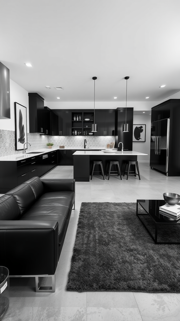 A modern living room and kitchen combo featuring a black leather sofa, sleek kitchen cabinets, and pendant lights.