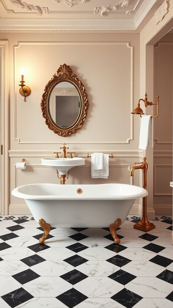 Victorian bathroom featuring marble floors, a clawfoot tub, and an antique mirror