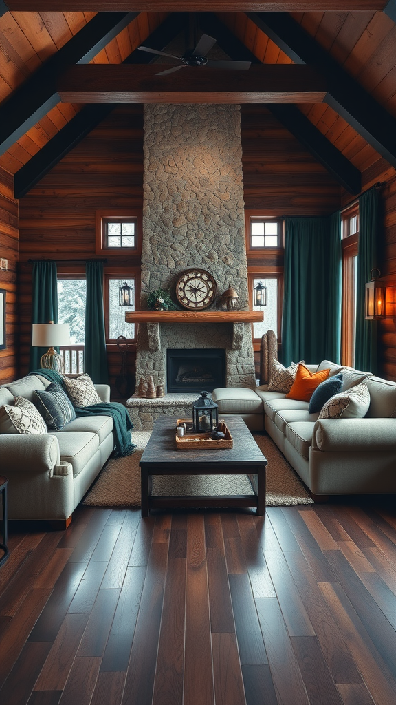 Interior of a cozy mountain lodge living room with wooden beams, stone fireplace, and comfortable seating.