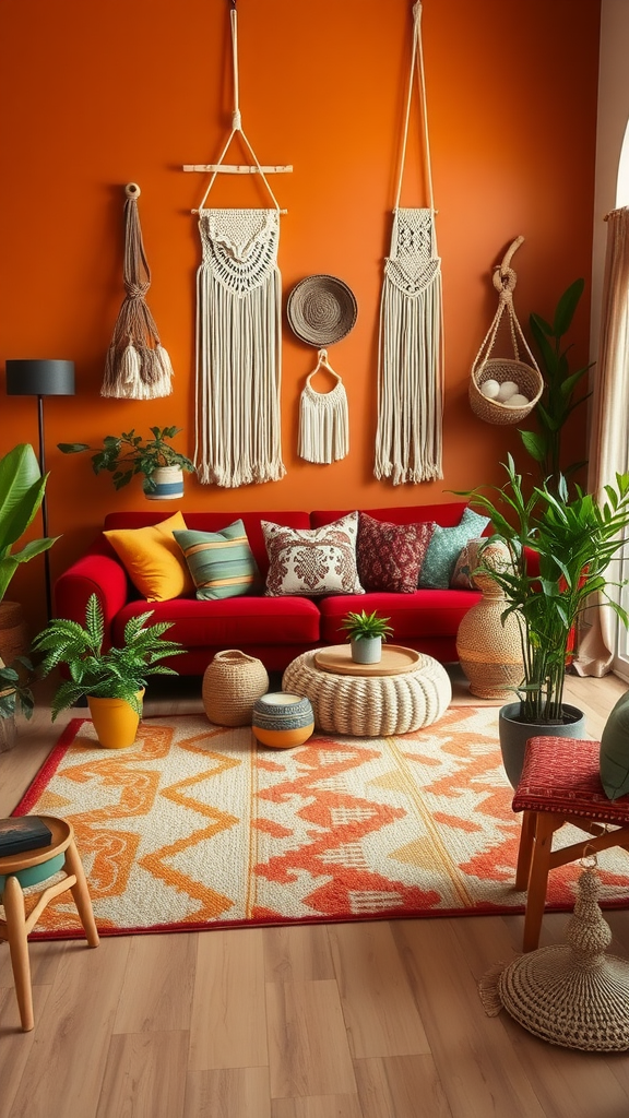 A cozy living room featuring a red sofa, macramé wall hangings, and various plants, with a warm orange wall and patterned rug.