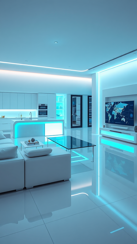 Modern living room and kitchen combo with futuristic lighting and minimalist design.