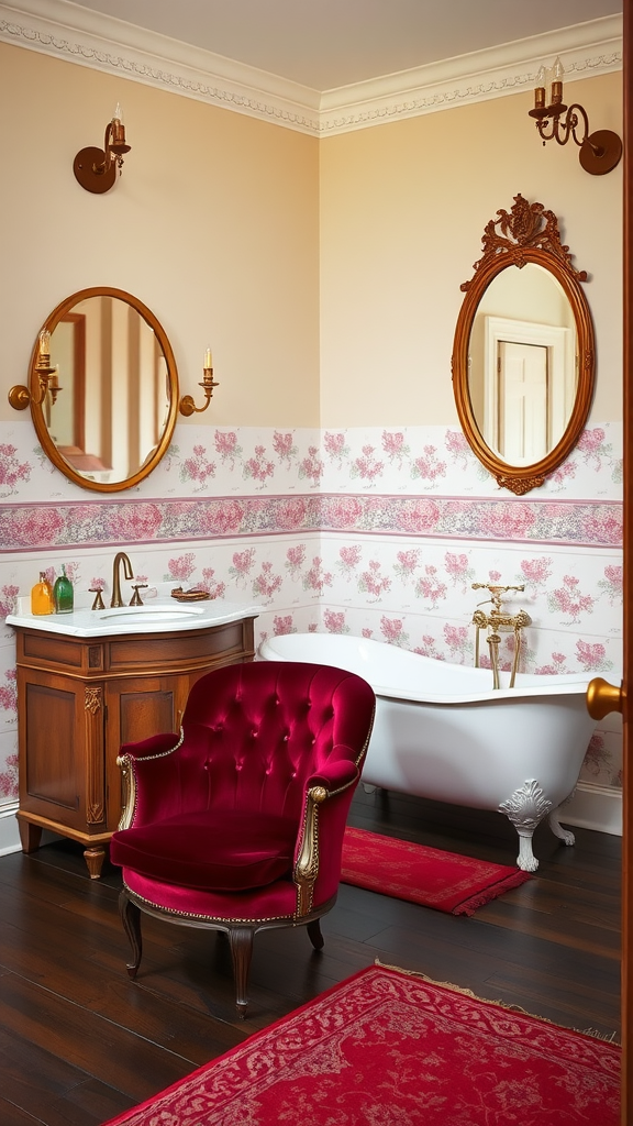 A Victorian-style bathroom featuring a velvet upholstered chair, floral wallpaper, wooden vanity, and a freestanding bathtub.