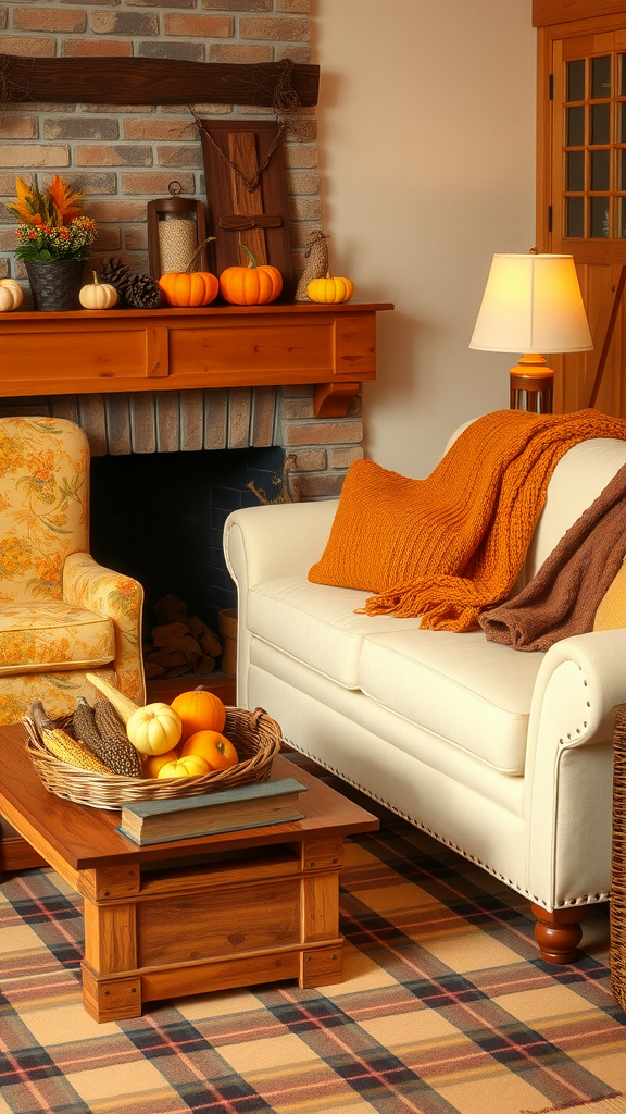 A cozy fall-inspired living room with pumpkins, a warm couch, and a rustic coffee table.