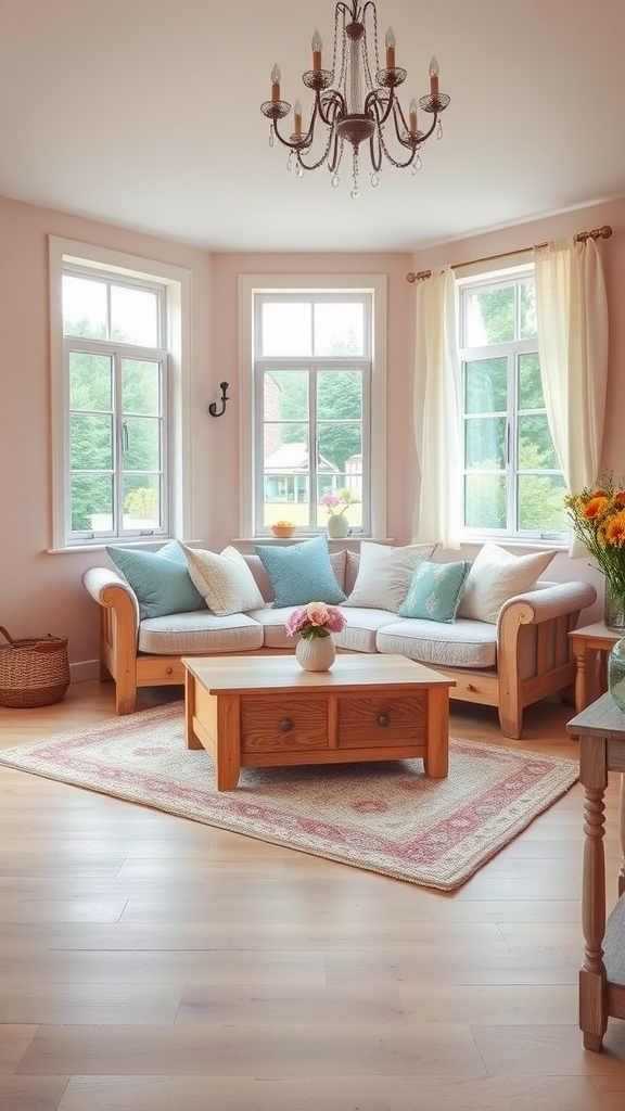 Cozy living room with pastel colors and rustic furniture.