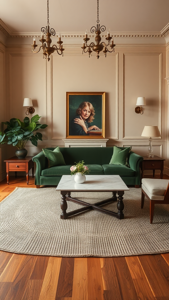 A cozy living room featuring a green sofa, wooden flooring, and a classic chandelier.