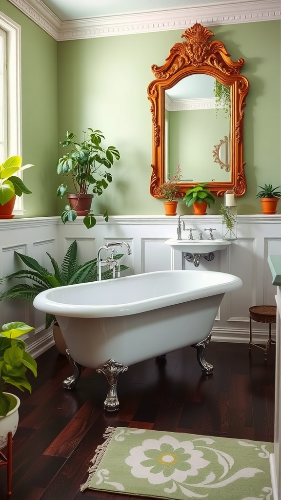 Victorian bathroom with green walls, plants, and a freestanding bathtub