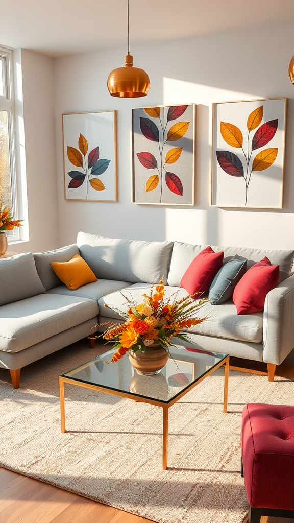 A cozy living room decorated for autumn with a gray couch, colorful cushions, and autumn-themed wall art.