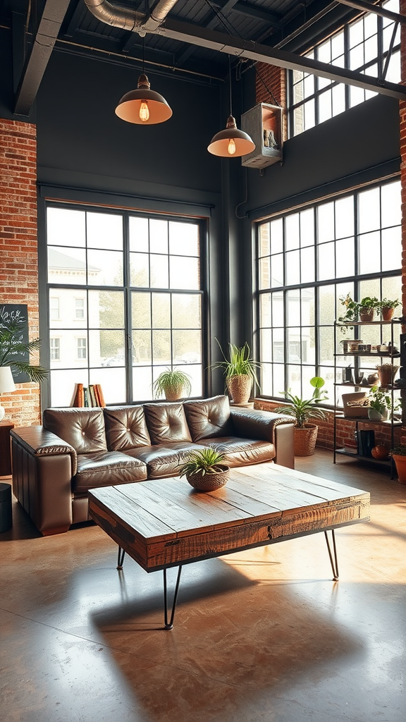 A cozy industrial countryside living room featuring a leather sofa, wooden coffee table, large windows, and potted plants.