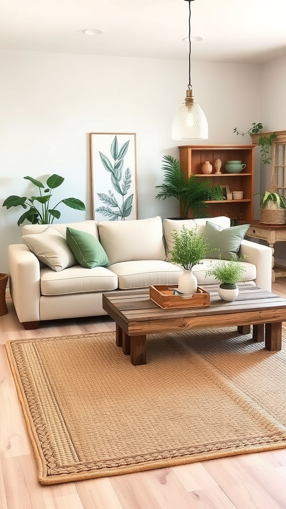 Cozy living room featuring a light sofa, wooden coffee table, jute rug, and houseplants, styled in relaxed farmhouse aesthetic.