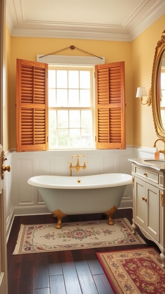 Victorian bathroom with wooden shutters, freestanding tub, and marble vanity