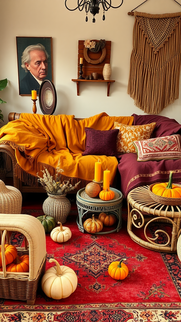 A cozy Boho fall living room with a mustard and burgundy sofa, colorful pillows, pumpkins, and warm decor.