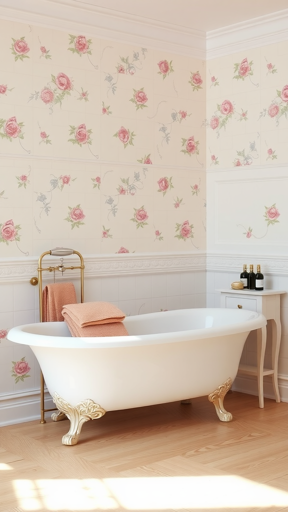 A Victorian-style bathroom featuring a floral patterned bathtub surrounded by coordinating wallpaper and elegant fixtures.