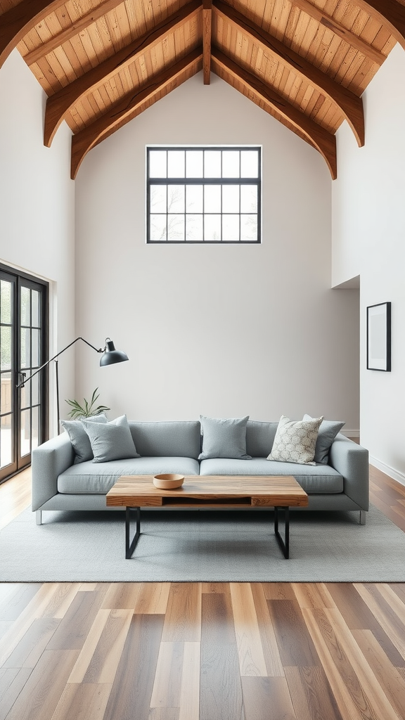 A minimalist living room featuring a gray sofa, wooden coffee table, and high wooden ceiling.