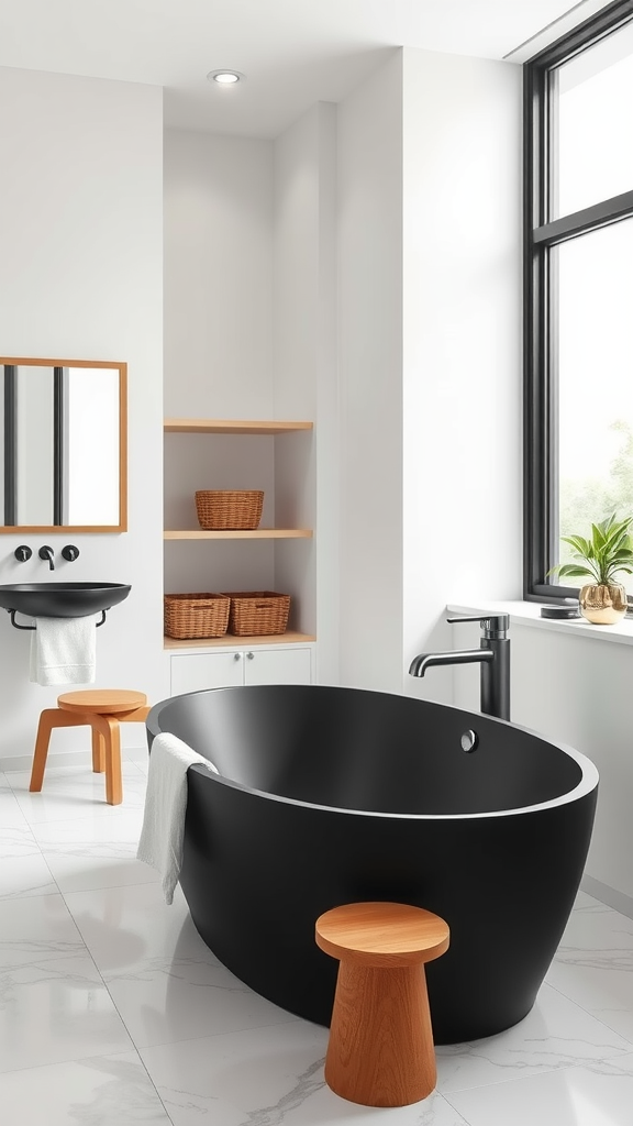 A modern bathroom with a black bathtub, wooden stools, and bright natural light