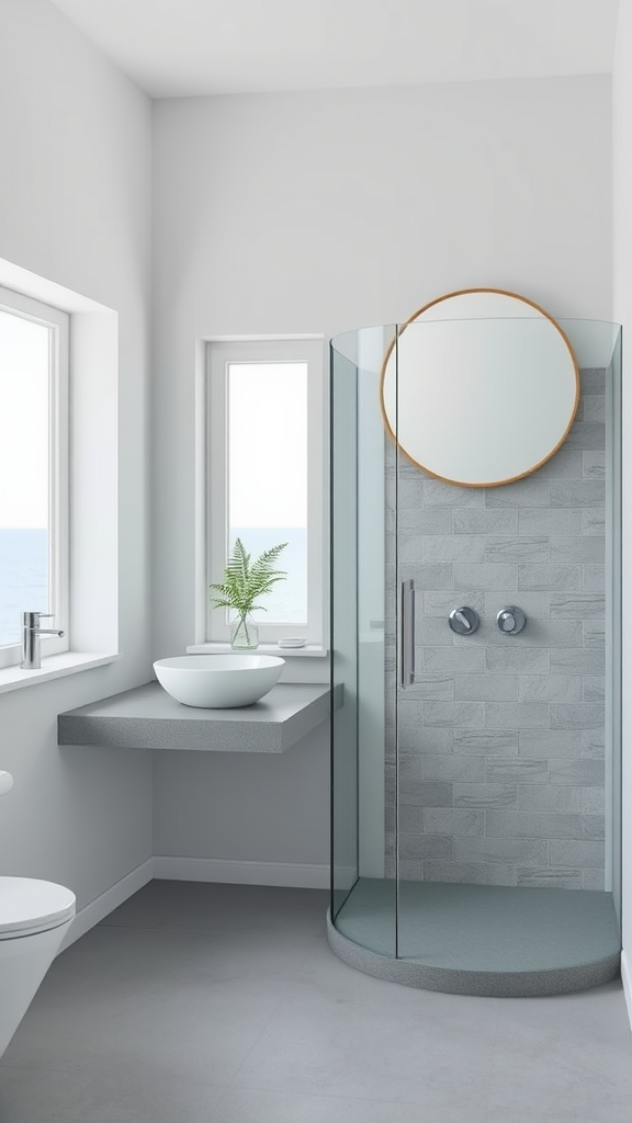 A minimalistic coastal bathroom with a glass shower, round mirror, and potted plant.