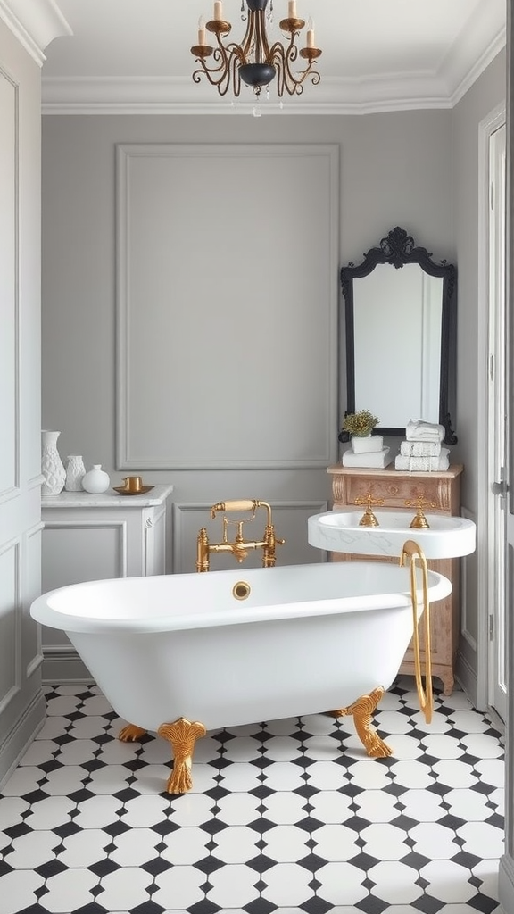 A stylish Parisian chic bathroom featuring a freestanding white bathtub with gold accents, a patterned black and white floor, and elegant decor.