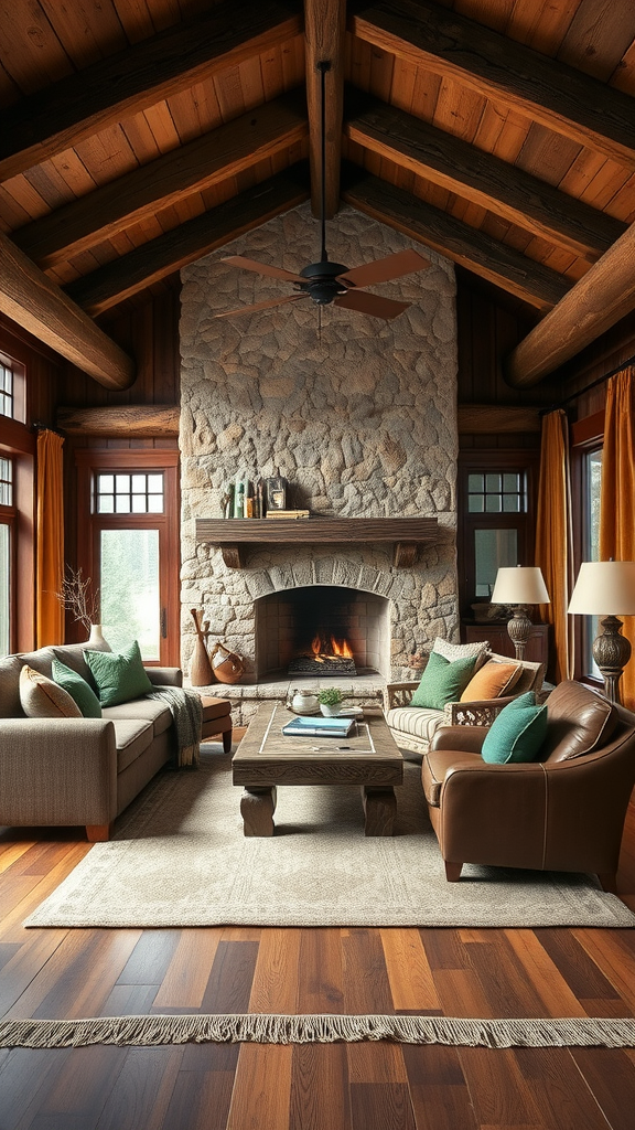 Cozy rustic cabin living room with stone fireplace and wooden beams