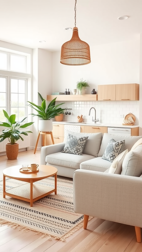 A cozy Scandinavian Boho living room and kitchen combo featuring a light color palette, plants, and a woven light fixture.