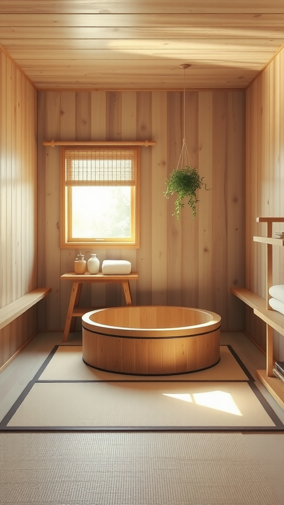 A tatami style bathroom featuring a circular wooden tub, wooden walls, and natural light.