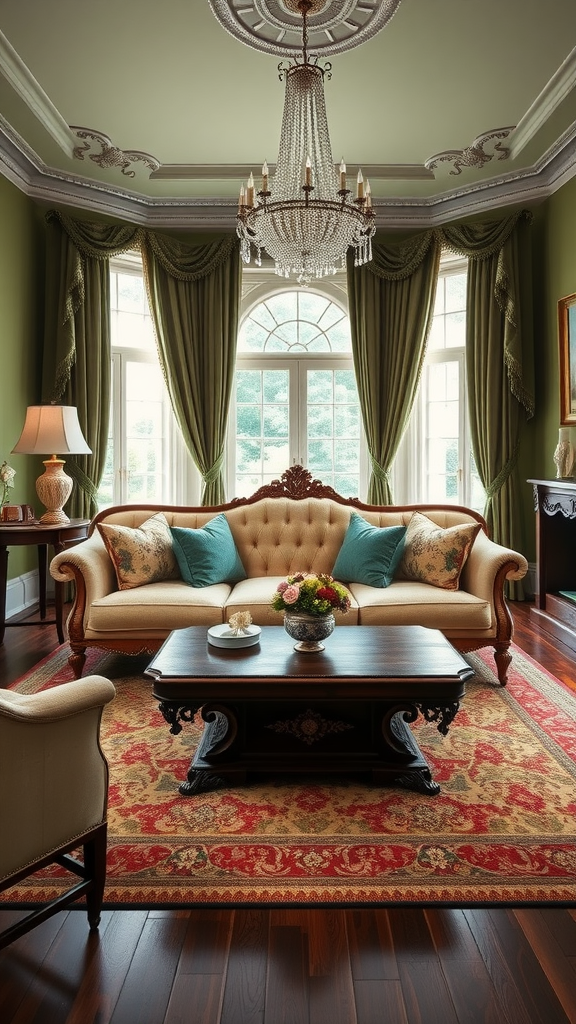 A classic country manor living room with a plush sofa, elegant chandelier, and large windows.