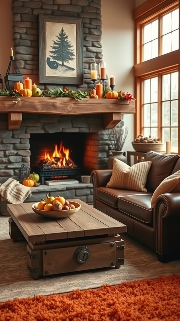 Cozy living room with a fireplace, pumpkins on mantel, and warm autumn decor