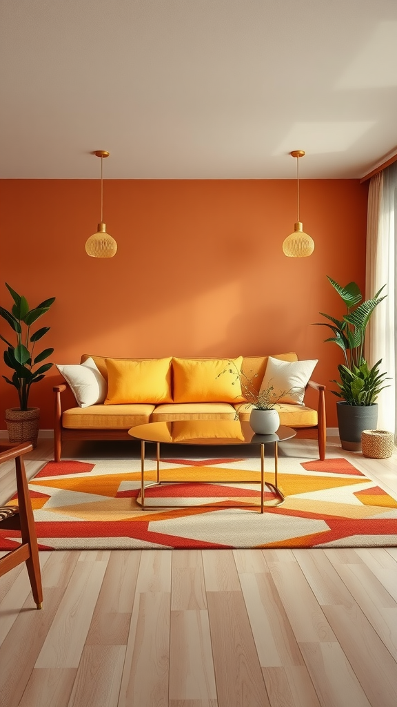 A warm earthy mid-century modern living room featuring an orange wall, yellow sofa, geometric rug, and potted plants.