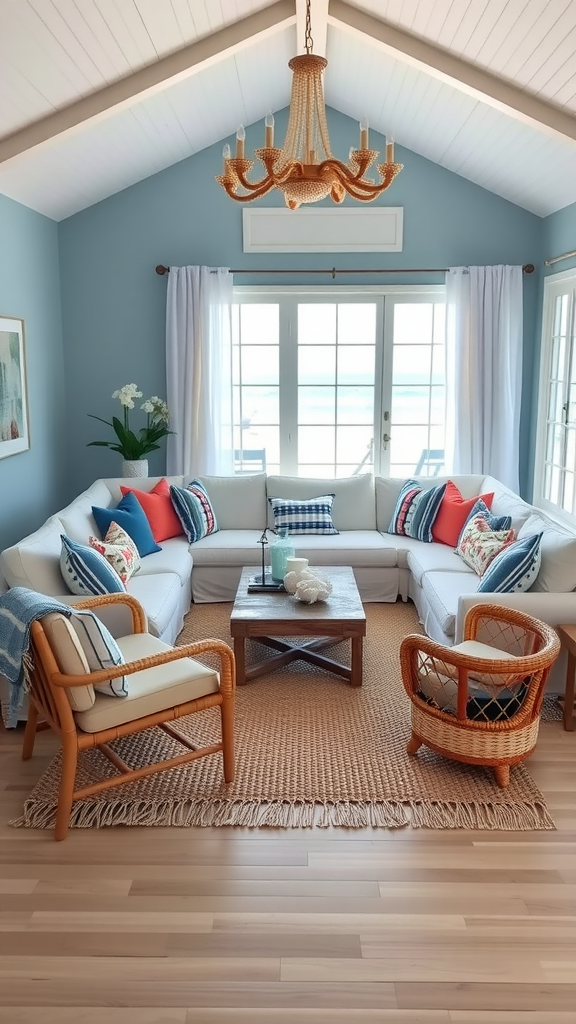 A cozy coastal living room featuring a light blue wall, a white sectional sofa with colorful cushions, a wooden coffee table, and rattan chairs.