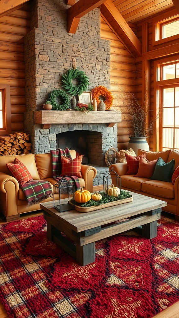 Cozy cabin living room with stone fireplace, leather couches, and fall decorations