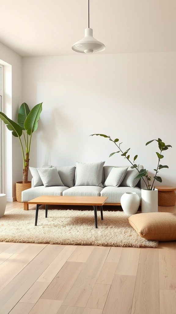 A minimalist living room with a light-colored sofa, wooden flooring, and green plants