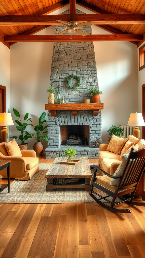 Cozy living room with wooden beams, stone fireplace, and soft seating.