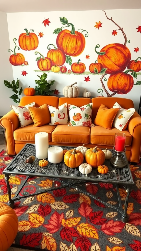 A cozy living room with an orange couch, pumpkin decor, and a wall mural of pumpkins and autumn leaves.