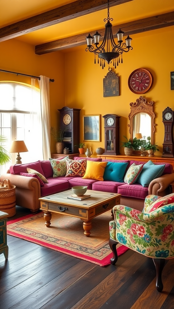 Cozy eclectic living room with yellow walls, purple sofa, floral chairs, and vintage decor.