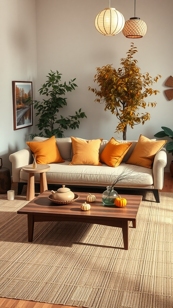 A cozy living room decorated with autumn themes including a light sofa, orange pillows, a wooden coffee table with pumpkins, and potted plants.