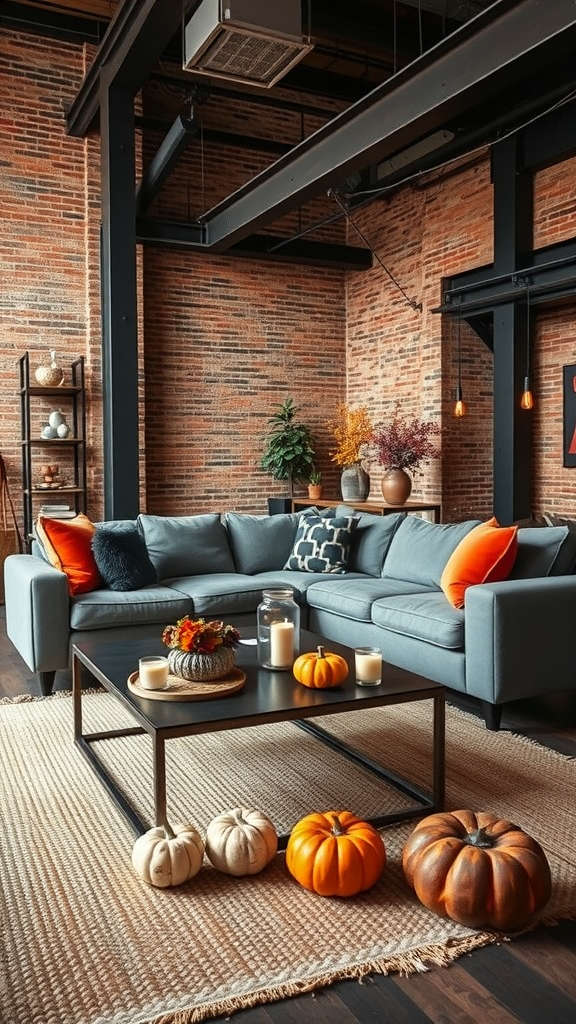 Industrial loft living room with a blue sofa, pumpkins, and autumn decorations.