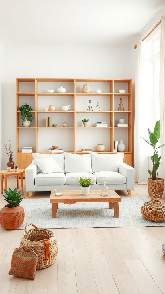 A cozy living room featuring natural wood elements and white decor, with a light wooden shelving unit, white sofa, and indoor plants.