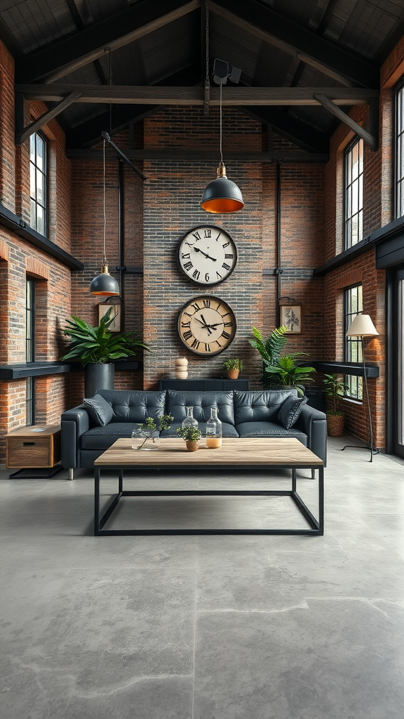 An industrial barn living room featuring brick walls, high ceilings, a leather sofa, and large windows.